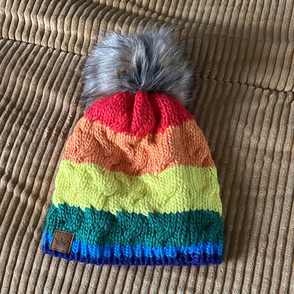 Panache Rainbow Knit Hat with Faux Fur Pom-Pom